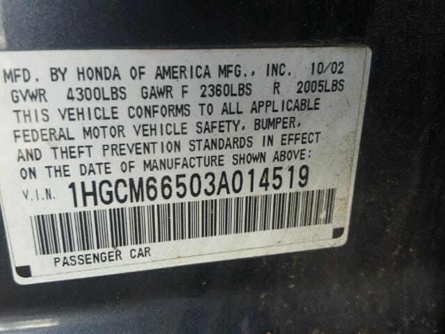 1HGCM66503A014519 - 2003 HONDA ACCORD EX GREEN photo 10