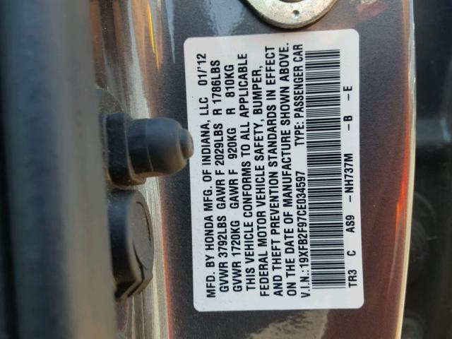 19XFB2F97CE034597 - 2012 HONDA CIVIC EXL გრაფიტი ფოტო 10