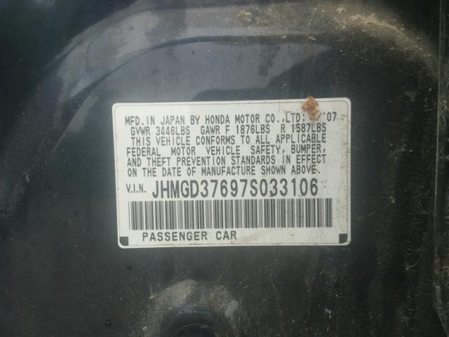 JHMGD37697S033106 - 2007 HONDA FIT S BLACK photo 10