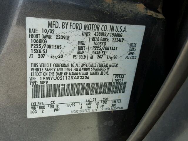 1FMYU02113KA82306 - 2003 FORD ESCAPE XLS GRAY photo 10