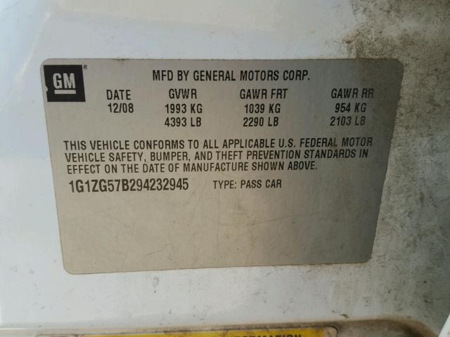 1G1ZG57B294232945 - 2009 CHEVROLET MALIBU LS WHITE photo 10