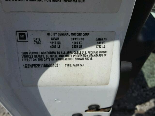 1G2NF52E11M505103 - 2001 PONTIAC GRAND AM S 白色 照片 10