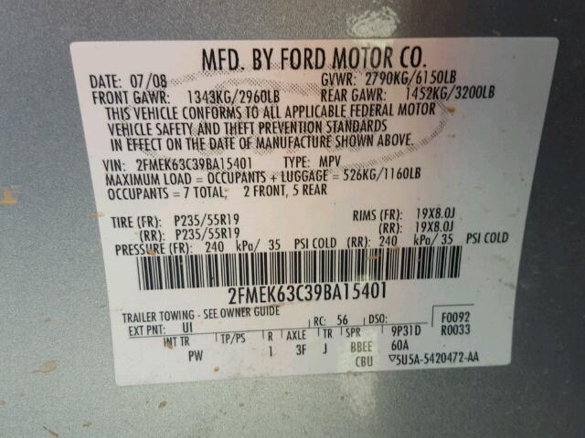 2FMEK63C39BA15401 - 2009 FORD FLEX LIMIT SILVER photo 10