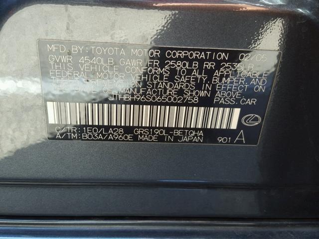 JTHBH96S065002758 - 2006 LEXUS GS GENERAT CHARCOAL photo 10