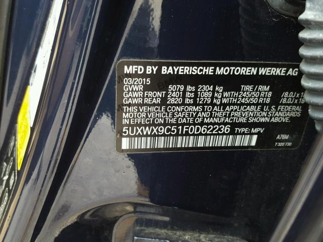 5UXWX9C51F0D62236 - 2015 BMW X3 XDRIVE2 BLUE photo 10