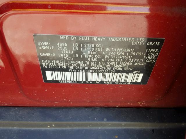 4S4BSBCC0G3220134 - 2016 SUBARU OUTBACK 2. RED photo 10