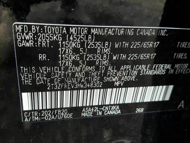 2T3ZFREV3HW348302 - 2017 TOYOTA RAV4 LE BLACK photo 10