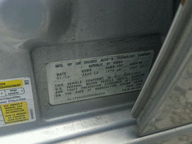 KL1TD66E99B648856 - 2009 CHEVROLET AVEO LS SILVER photo 10