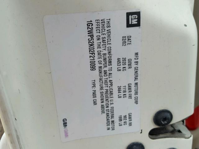 1G2WP52K02F210099 - 2002 PONTIAC GRAND PRIX WHITE photo 10