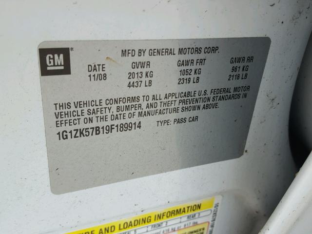 1G1ZK57B19F189914 - 2009 CHEVROLET MALIBU LTZ 白色 照片 10