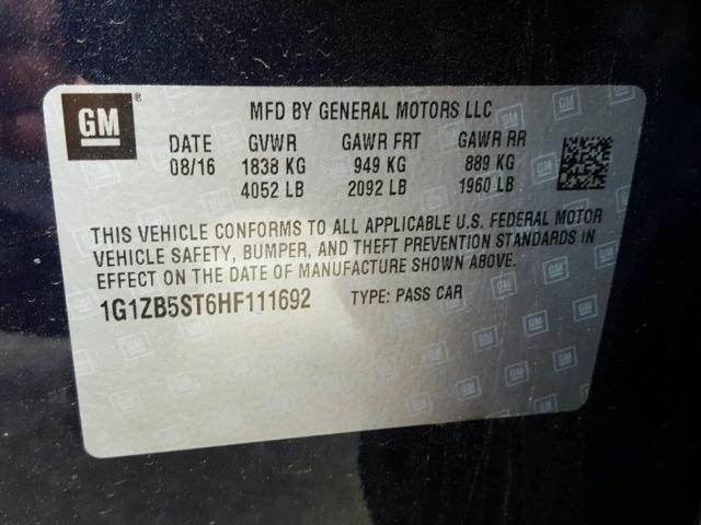 1G1ZB5ST6HF111692 - 2017 CHEVROLET MALIBU LS BLUE photo 10