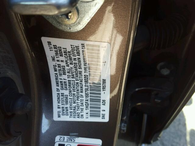 1HGFA16879L018020 - 2009 HONDA CIVIC EX BROWN photo 10