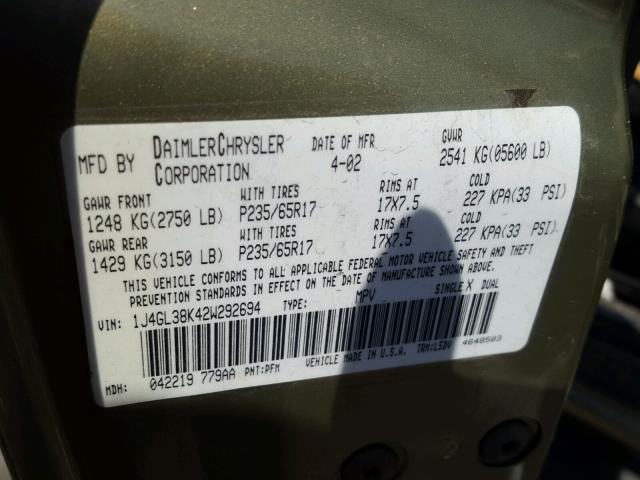 1J4GL38K42W292694 - 2002 JEEP LIBERTY RE GREEN photo 10