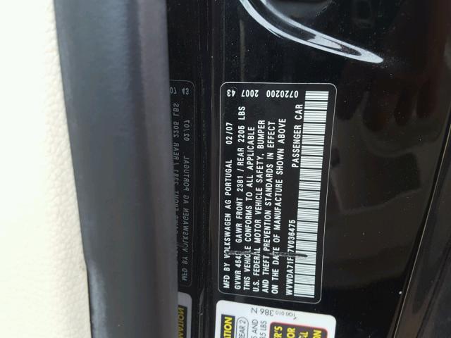 WVWDA71F67V036475 - 2007 VOLKSWAGEN EOS 2.0T S BLACK photo 10