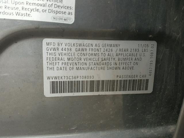 WVWEK73C36P108093 - 2006 VOLKSWAGEN PASSAT 2.0 GRAY photo 10