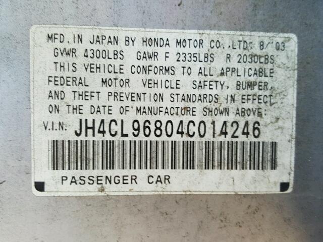 JH4CL96804C014246 - 2004 ACURA TSX SILVER photo 10