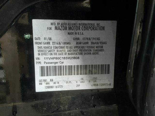 1YVHP80C185M25808 - 2008 MAZDA 6 I BLACK photo 10