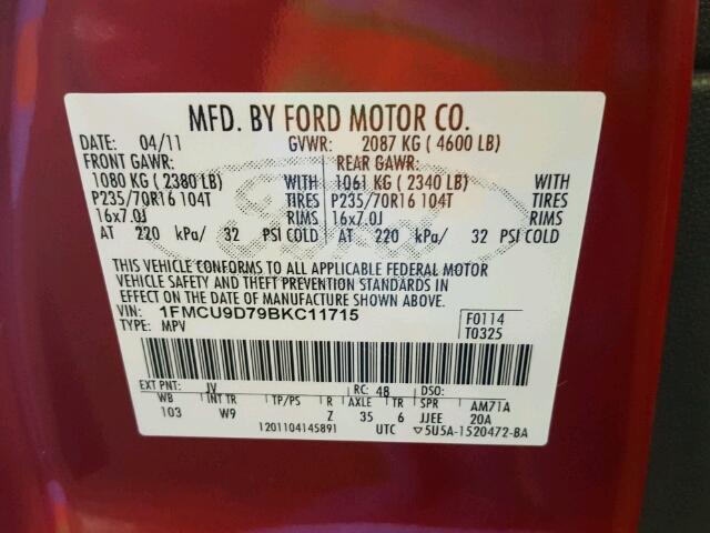 1FMCU9D79BKC11715 - 2011 FORD ESCAPE RED photo 10