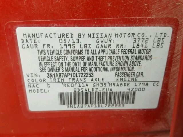 3N1AB7AP1DL722253 - 2013 NISSAN SENTRA S RED photo 10