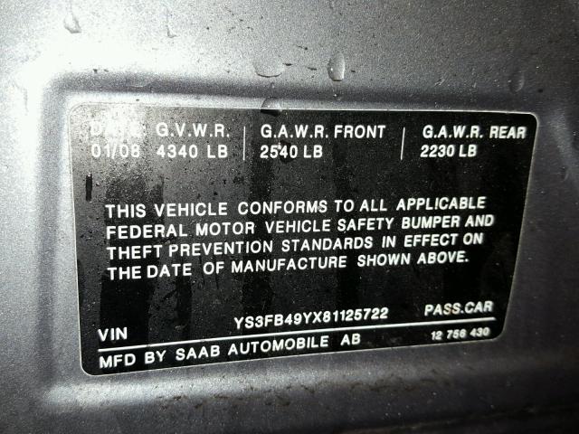 YS3FB49YX81125722 - 2008 SAAB 9-3 2.0T GRAY photo 10