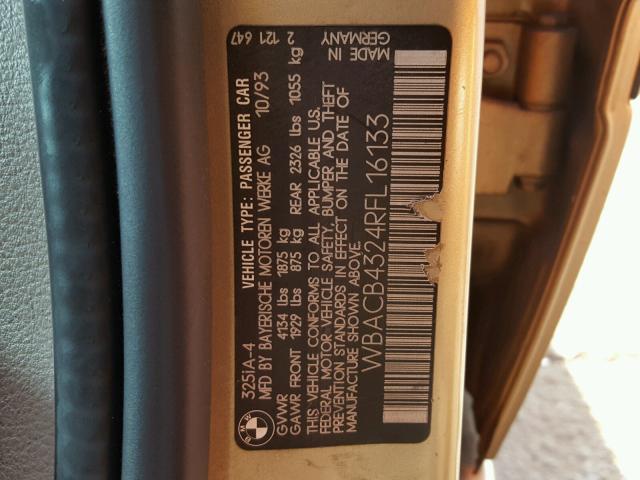 WBACB4324RFL16133 - 1994 BMW 325 I AUTO GOLD photo 10