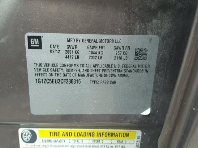 1G1ZC5EU3CF286816 - 2012 CHEVROLET MALIBU 1LT 灰色 照片 10