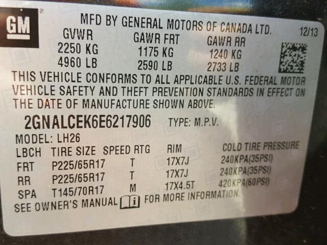 2GNALCEK6E6217906 - 2014 CHEVROLET EQUINOX LT CHARCOAL photo 10