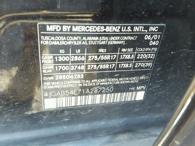 4JGAB54E71A287250 - 2001 MERCEDES-BENZ ML 320 BLACK photo 10