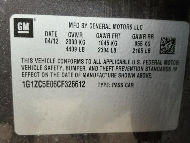 1G1ZC5E06CF326612 - 2012 CHEVROLET MALIBU 1LT ნაცრისფერი ფოტო 10