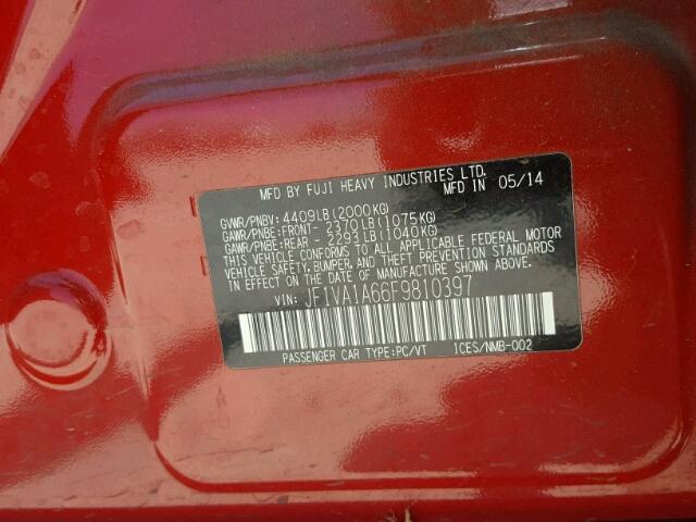 JF1VA1A66F9810397 - 2015 SUBARU WRX RED photo 10