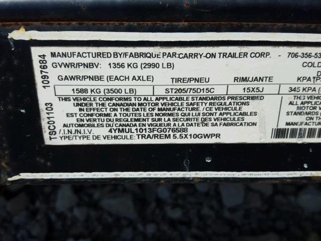 4YMUL1013FG076588 - 2015 UTILITY TRAILER BLACK photo 10