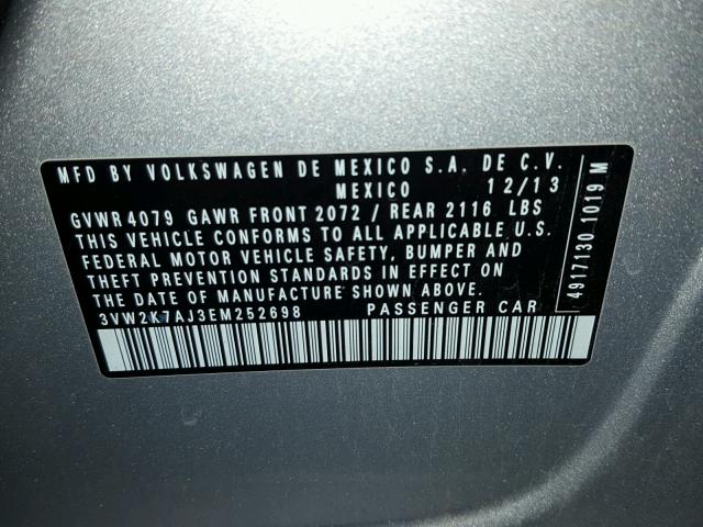 3VW2K7AJ3EM252698 - 2014 VOLKSWAGEN JETTA BASE 银色 照片 10