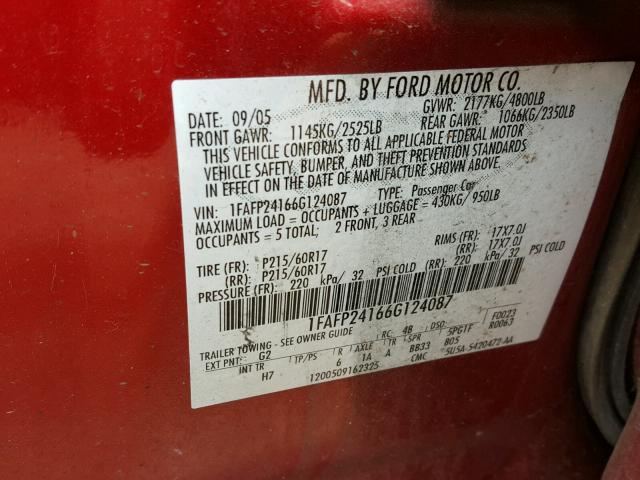 1FAFP24166G124087 - 2006 FORD FIVE HUNDR RED photo 10