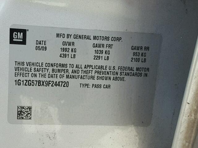 1G1ZG57BX9F244720 - 2009 CHEVROLET MALIBU LS 银色 照片 10