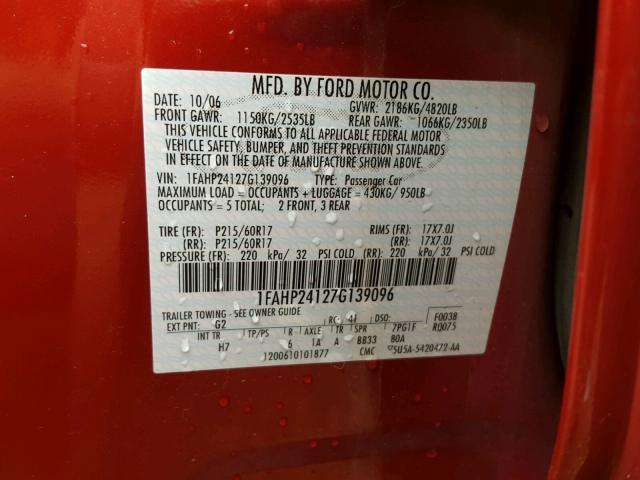 1FAHP24127G139096 - 2007 FORD FIVE HUNDR RED photo 10