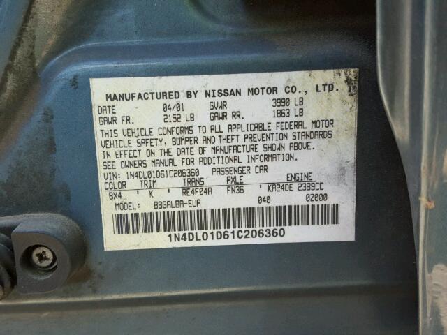 1N4DL01D61C206360 - 2001 NISSAN ALTIMA XE/ GREEN photo 10