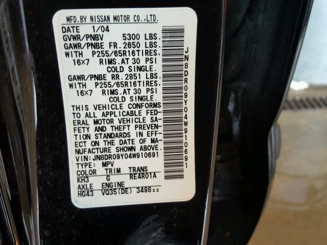 JN8DR09Y04W910691 - 2004 NISSAN PATHFINDER შავი ფოტო 10