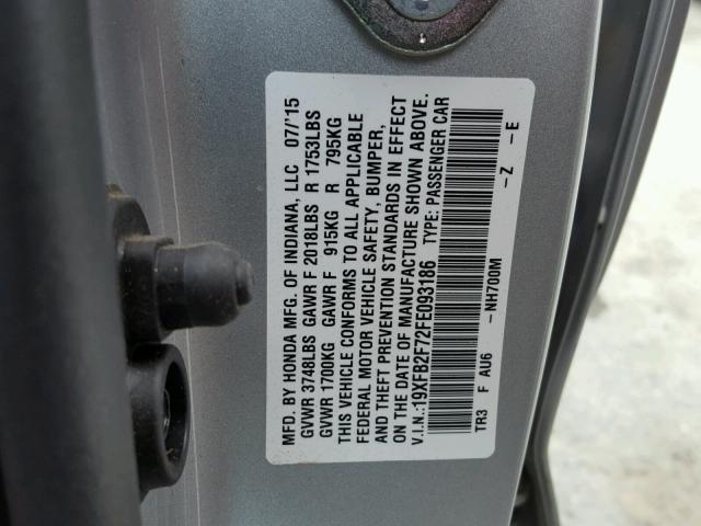 19XFB2F72FE093186 - 2015 HONDA CIVIC SE SILVER photo 10