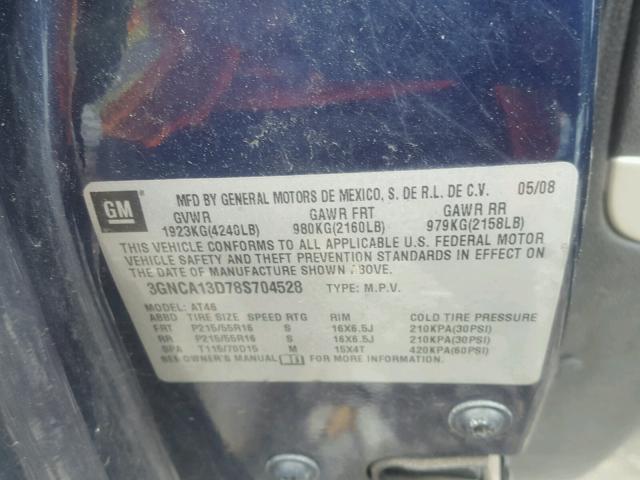 3GNCA13D78S704528 - 2008 CHEVROLET HHR LS BLUE photo 10