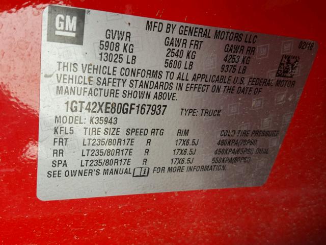 1GT42XE80GF167937 - 2016 GMC SIERRA K35 RED photo 10