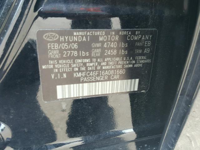 KMHFC46F16A081660 - 2006 HYUNDAI AZERA SE BLACK photo 10