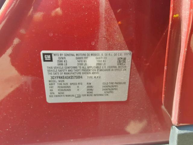 3GYFNKE40AS575884 - 2010 CADILLAC SRX PREMIU RED photo 10