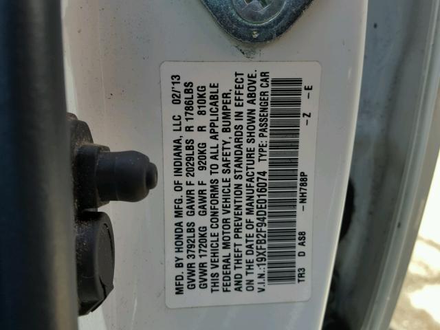 19XFB2F94DE016074 - 2013 HONDA CIVIC EXL WHITE photo 10