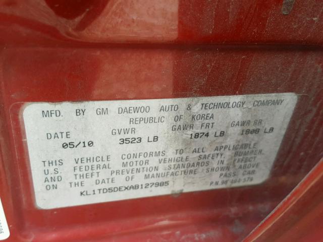 KL1TD5DEXAB127985 - 2010 CHEVROLET AVEO LS RED photo 10