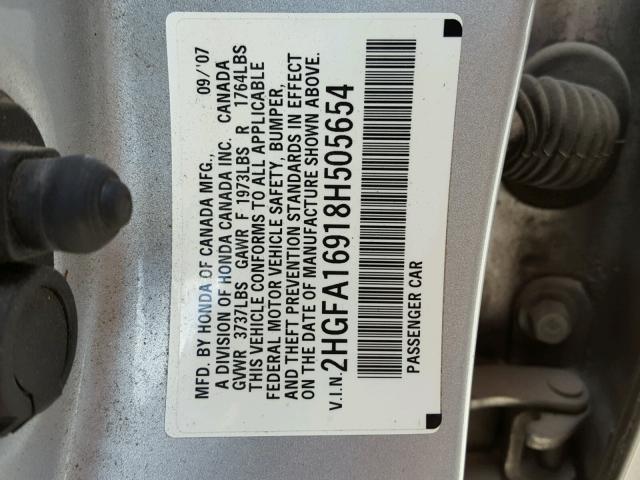 2HGFA16918H505654 - 2008 HONDA CIVIC EXL SILVER photo 10