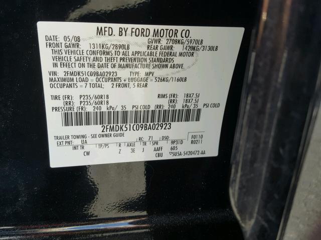 2FMDK51C09BA02923 - 2009 FORD FLEX SE BLACK photo 10