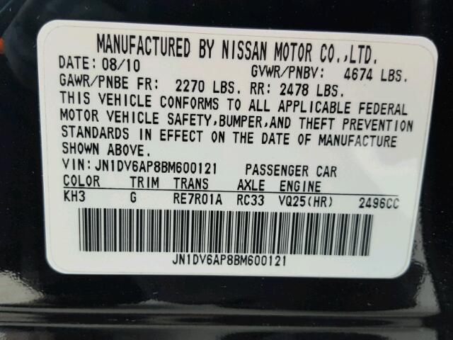 JN1DV6AP8BM600121 - 2011 INFINITI G25 BASE BLACK photo 10