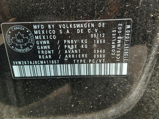 3VW2K7AJ8CM411857 - 2012 VOLKSWAGEN JETTA BASE 黑色 照片 10