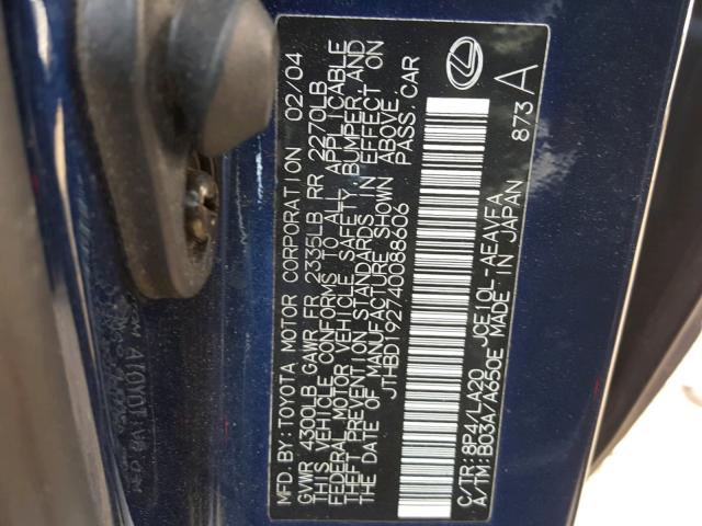 JTHBD192740088606 - 2004 LEXUS IS 300 BLUE photo 10