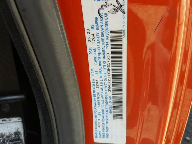 3VWCK21YX3M317533 - 2003 VOLKSWAGEN NEW BEETLE ნარინჯისფერი ფოტო 10